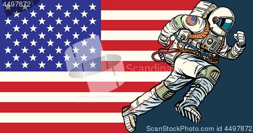 Image of American astronaut patriot runs forward. USA flag