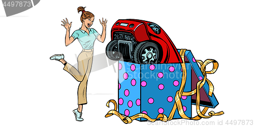 Image of woman surprise car gift. isolate on white background