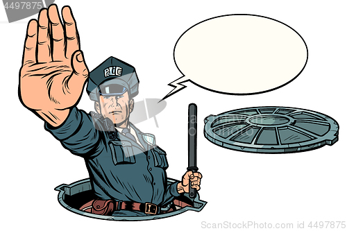 Image of Police stop gesture, dangerous manhole. Road works isolate on white background