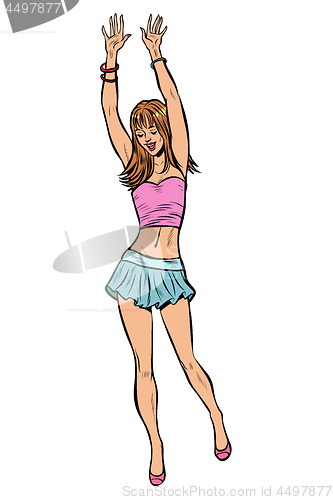 Image of teen girl in mini skirt. woman disco dance isolate on white background