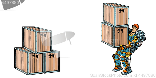 Image of Container loading. A man works in the exoskeleton exoskeleton