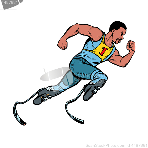 Image of disabled African runner with leg prostheses running forward. sports competition