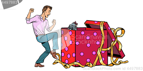 Image of Man and dog puppy as a gift holiday box, isolate on white background