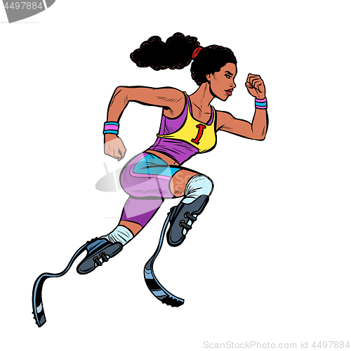 Image of disabled African woman runner with leg prostheses running forward. sports competition