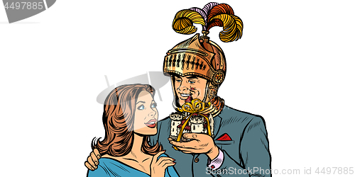 Image of man knight gives a woman a castle. isolate on white background