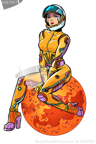 Image of red planet Mars sexy beautiful woman astronaut isolate on white background