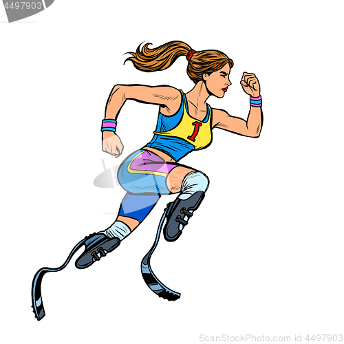 Image of disabled runner woman with leg prostheses running forward. sports competition