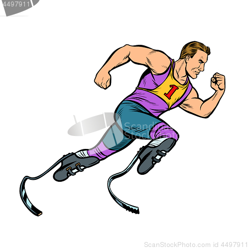 Image of disabled runner with leg prostheses running forward. sports competition