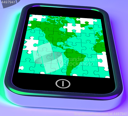 Image of Map Of America On Smartphone Shows Mobile Global Communications