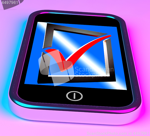 Image of Check Mark On Smartphone Shows Checklist
