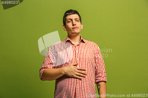 Image of The happy businessman standing and smiling against green background.