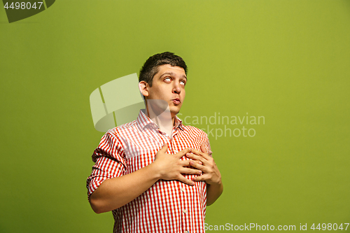 Image of The happy businessman standing and smiling against green background.