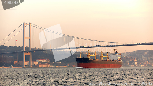 Image of A cargo ship in the Bosphorus, Istanbul, Turkey.