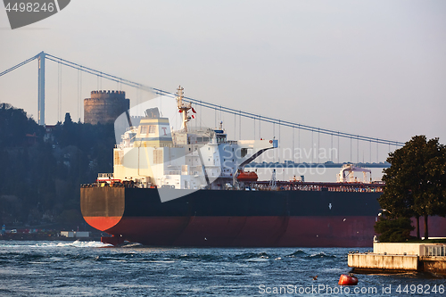 Image of A cargo ship in the Bosphorus, Istanbul, Turkey.