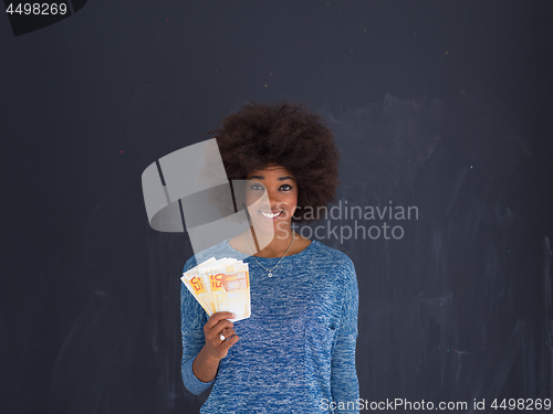 Image of black woman holding money on gray background