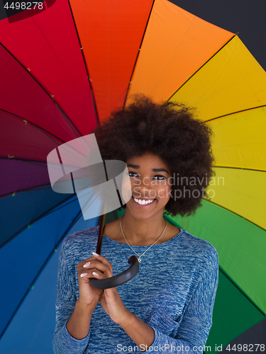 Image of african american woman holding a colorful umbrella