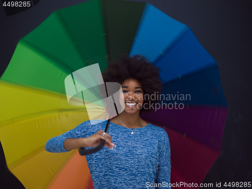 Image of african american woman holding a colorful umbrella