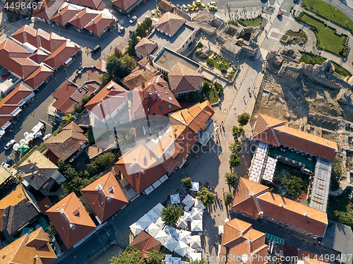 Image of Aerial view of tile roofs of old Nessebar, ancient city on the Black Sea coast of Bulgaria