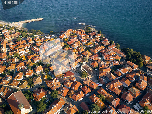 Image of Aerial view of tile roofs of old Nessebar, ancient city on the Black Sea coast of Bulgaria