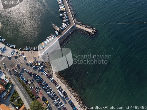 Image of Aerial view of tile roofs of old Nessebar, ancient city, Bulgaria