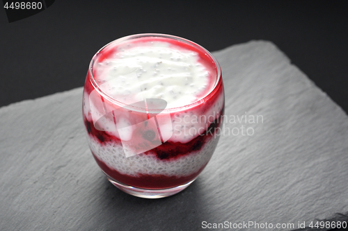 Image of Milk dessert with chia seeds and fruit mousse.