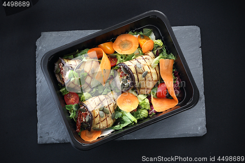 Image of Balanced box diet, grilled aubergine rolls with vegetables