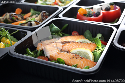 Image of Lunch boxes, delicious and healthy dinner dishes.Dinner dishes in boxes.