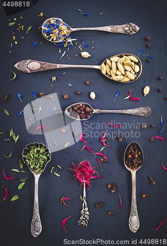 Image of Silver spoons full of spices and herbs