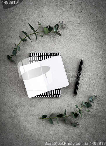 Image of Blank notebook and eucalyptus on concrete background