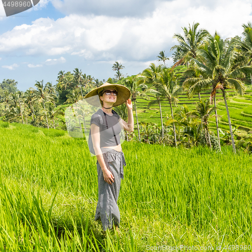 Image of Relaxed fashionable caucasian female tourist wearing small backpack and traditional asian paddy hat walking among beautiful green rice fields and terraces on Bali island