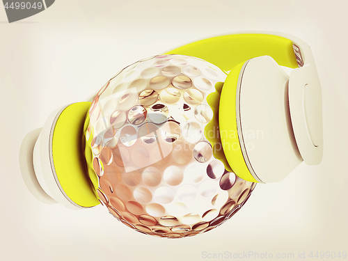 Image of Metal Golf Ball With headphones. 3d illustration. Vintage style