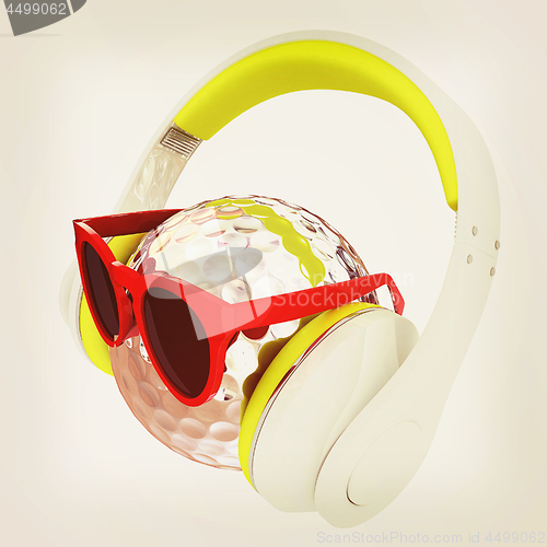Image of Metal Golf Ball With Sunglasses and headphones. 3d illustration.