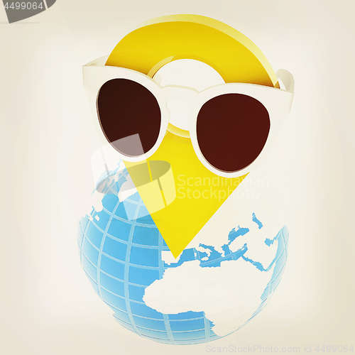 Image of Glamour map pointer in sunglasses on Earth. 3d illustration. Vin