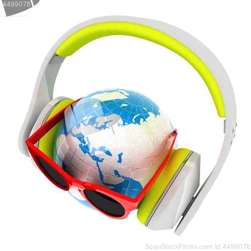 Image of Earth planet with earphones and sunglasses. 3d illustration