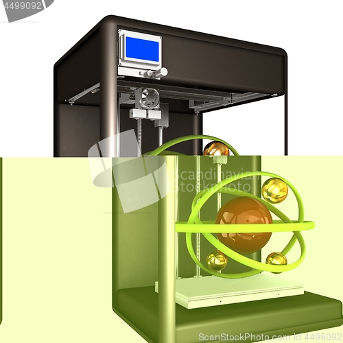 Image of 3d printer during work on the atom. Scientific high technology c