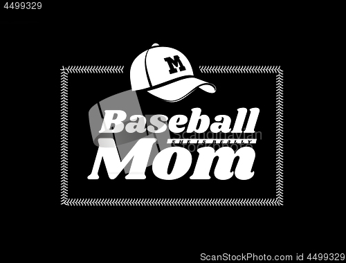 Image of Baseball mom emblem with baseball lacing and a hat on black background. Vector