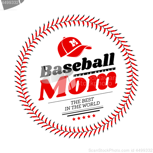 Image of Baseball mom emblem with baseball lacing and a hat on white background. Vector