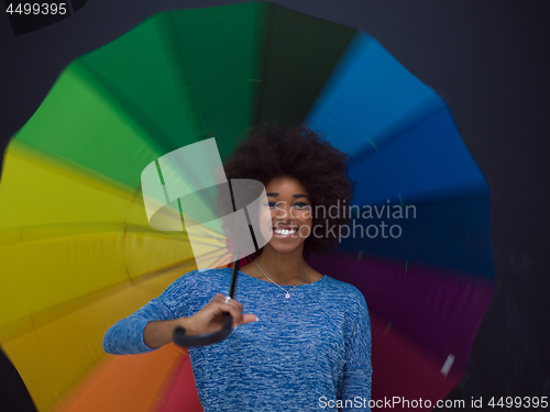 Image of african american woman holding a colorful umbrella