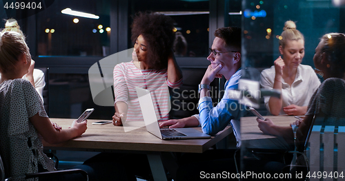 Image of Multiethnic startup business team in night office