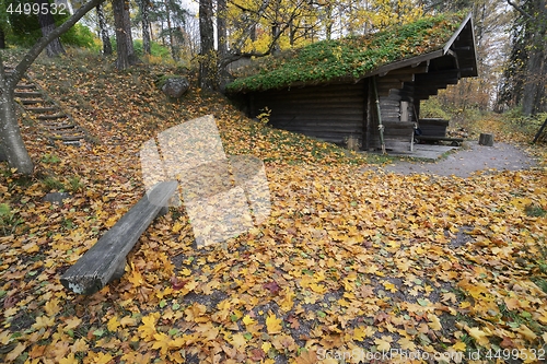 Image of wooden traditional Finnish sauna in autumn