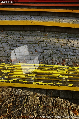Image of brightly painted wooden benches