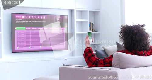 Image of Young couple on the sofa watching television