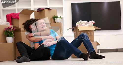 Image of young  gay couple moving  in new house