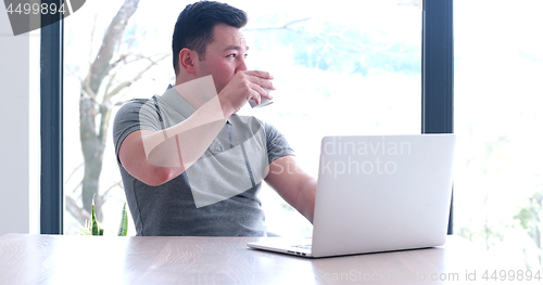 Image of businessman working using a laptop in startup office