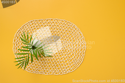 Image of Palm leaves in a vase on a bright yellow background