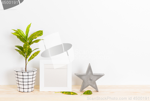 Image of Home decor with picture frame, concrete star and plant