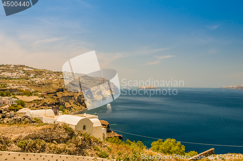 Image of Beautiful landscape with sea view of the Nea Kameni, a small Greek island in the Aegean Sea near Santorini
