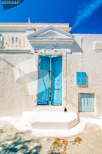 Image of Typical blue door in Emporio on the island of Santorini, Greece,