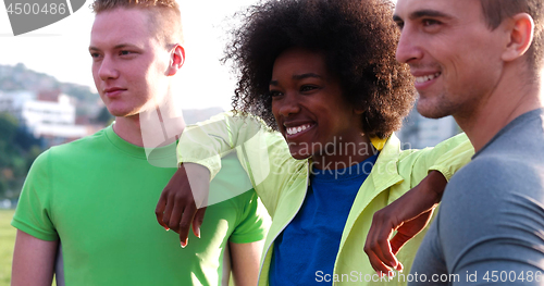 Image of Portrait of multiethnic group of young people on the jogging