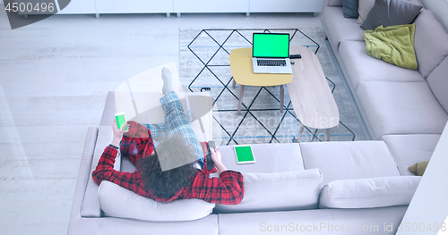 Image of Young couple on the sofa watching television